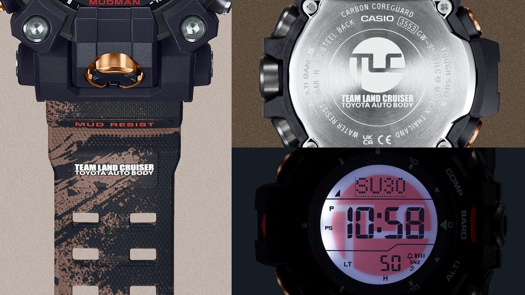 À gauche : gros plan du logo « Team Land Cruiser Toyota Auto Body » sur le bracelet de la montre de sport automobile, en haut à droite : dos du boîtier de la Mudman GW-9500TLC-1, en bas à droite : l'écran éclairé dans l'obscurité