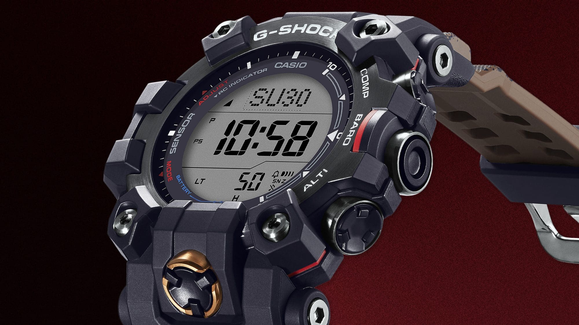 GW-9500TLC-1 Vue légèrement latérale de l'écran et du boîtier de la montre numérique Casio G-Shock GW-9500TLC-1 noire