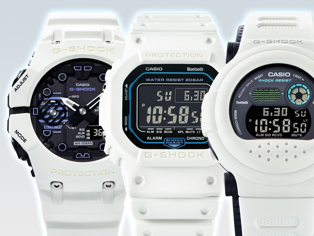 Les trois modèles de montres-bracelets Casio G-Shock GA-B001SF-7A, DW-B5600SF-7 et G-B001SF-7