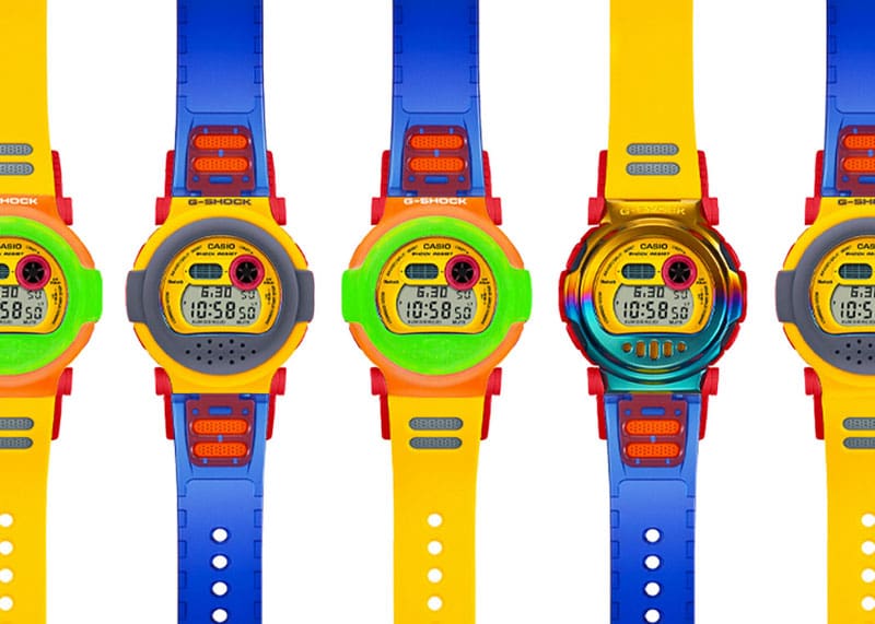 Cinq des 12 combinaisons de design possibles de la montre Casio G-Shock G-B001MVE, côte à côte.