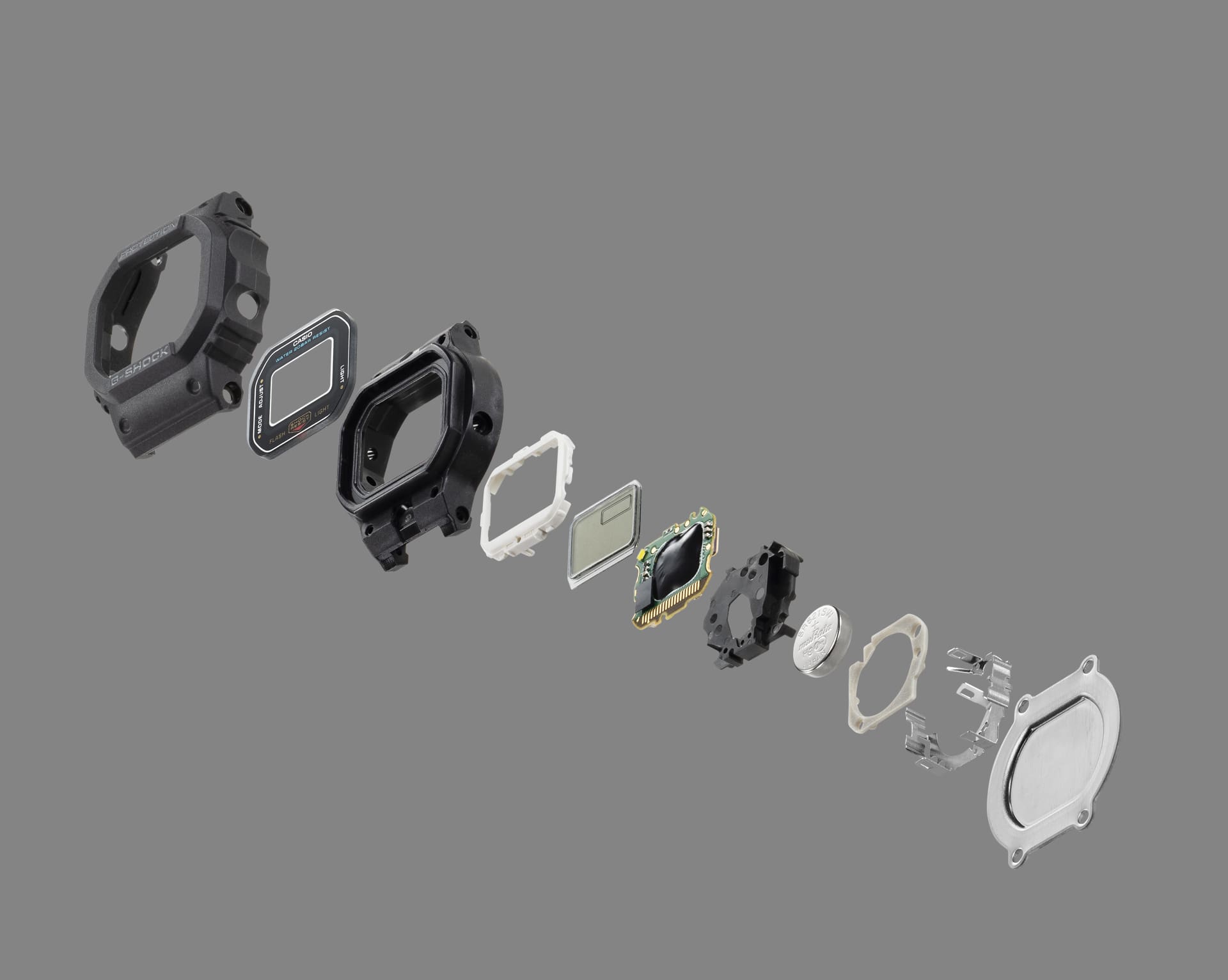 La structure antichoc de la G-SHOCK NANO en plusieurs parties placées l'une en face de l'autre.