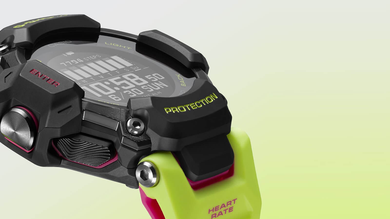  Gros plan sur la montre d'extérieur Casio G-Squad GBD-H2000-1A9 avec vue latérale sur la lunette, l'écran et l'endroit où le bracelet rejoint le boîtier.