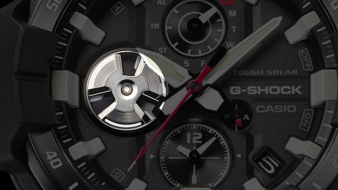 Vue détaillée de l'affichage du disque rotatif d'une montre pilote Casio G-Shock Gravitymaster GR-B300 