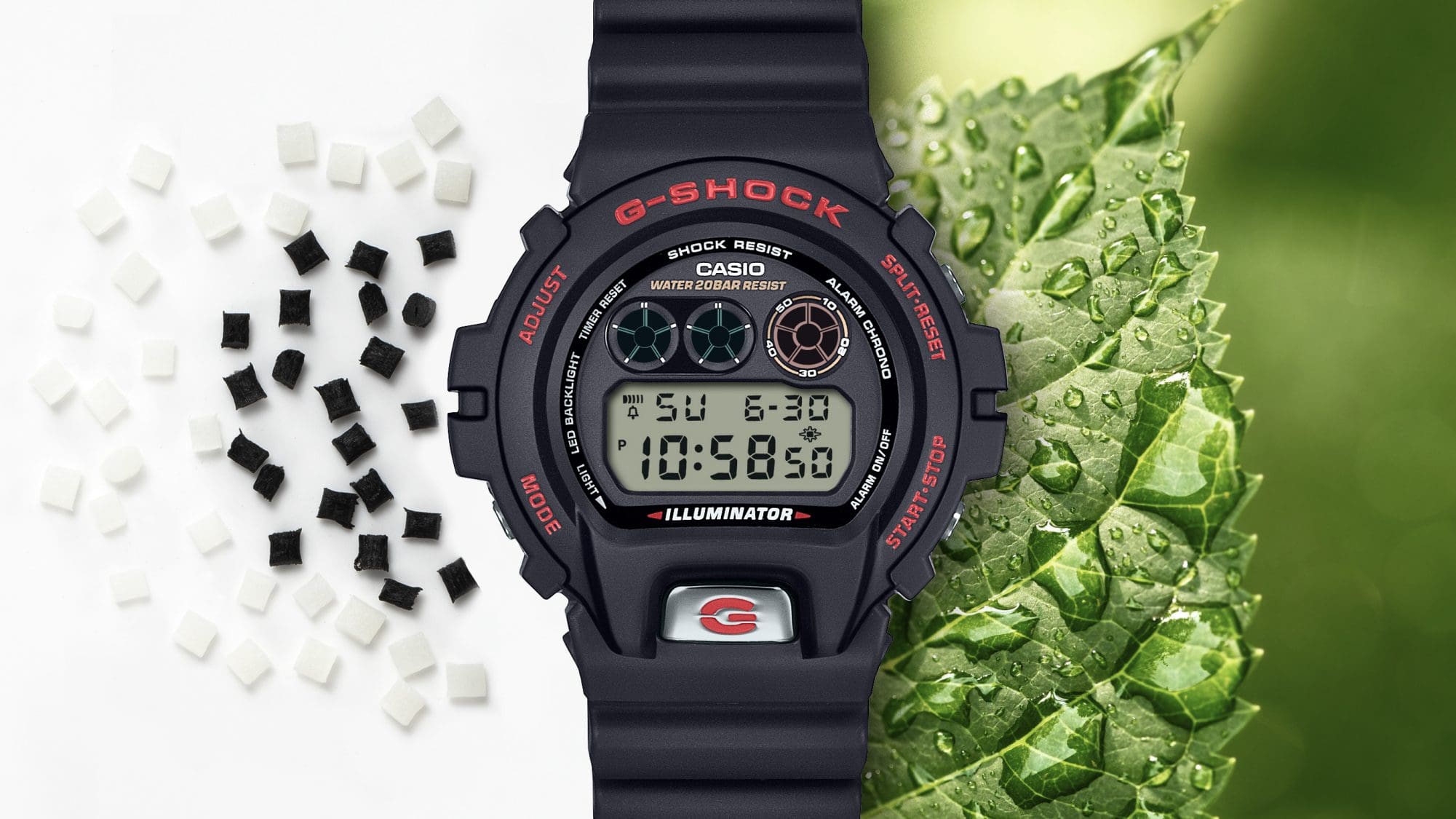 La version noire de la montre numérique DW-6900 à côté de granulés de résine biosourcée à gauche, et d'une feuille verte à droite.