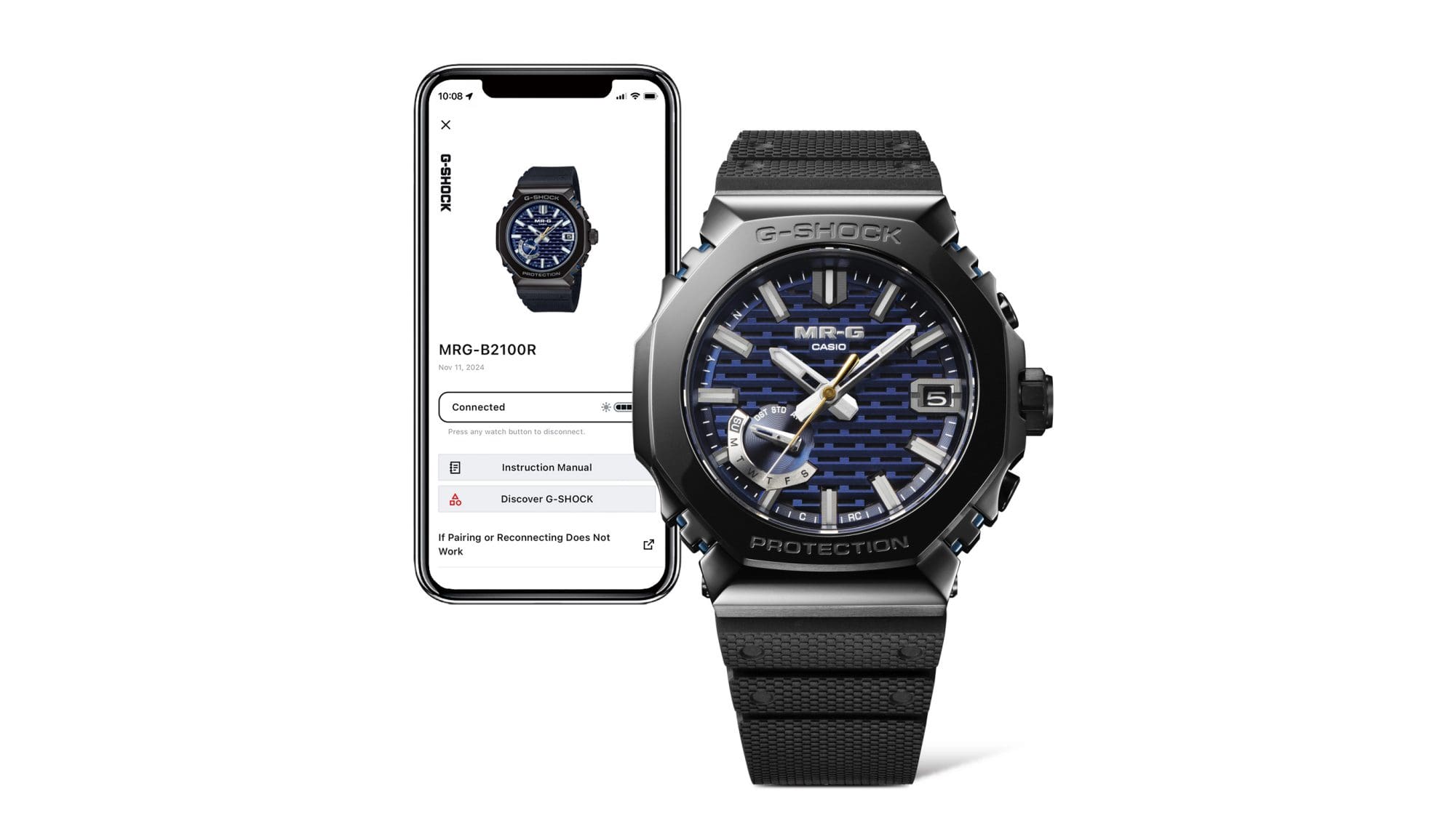 Montre-bracelet MRG-B2100R noire avec Bluetooth® et contrôle radio à côté d'un smartphone