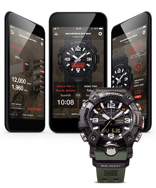 Trois smartphones avec différents écrans d'application G-Shock-Connected, devant une montre Casio Master of G GG-B100-1A3 Outdoor.