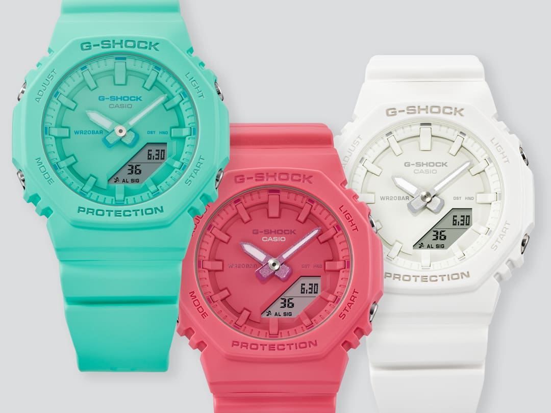 Trois variantes de couleur de la montre hybride GMA-P2100 côte à côte