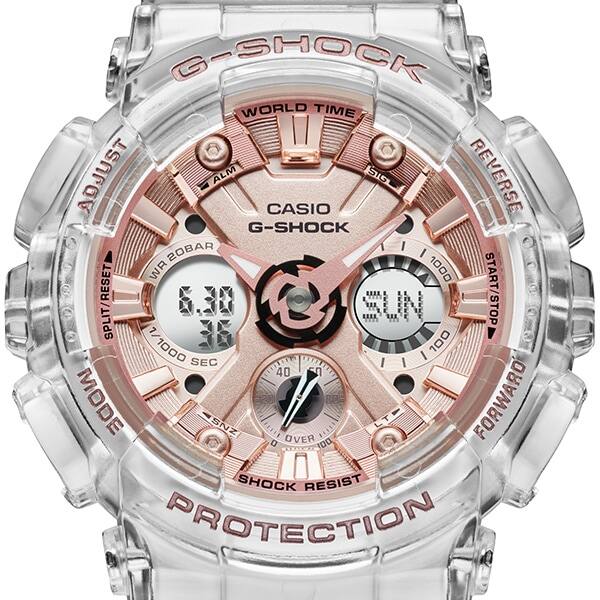 Gros plan du cadran en or rose de la montre de course GMA-S120SR-7A