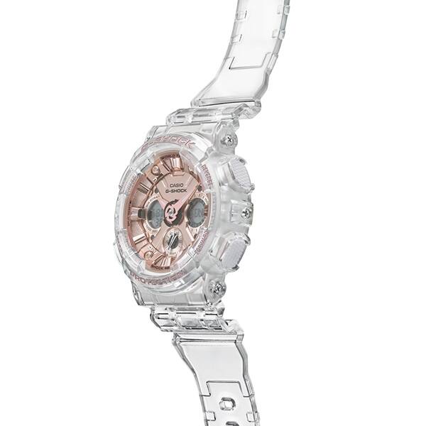 Vue latérale du chronographe pour femme GMA-S120SR-7A, on voit clairement que le bracelet est transparent