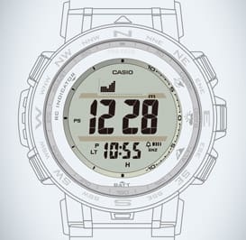 Esquisse du boîtier d'une montre-bracelet PRW-30 avec affichage à triple capteur