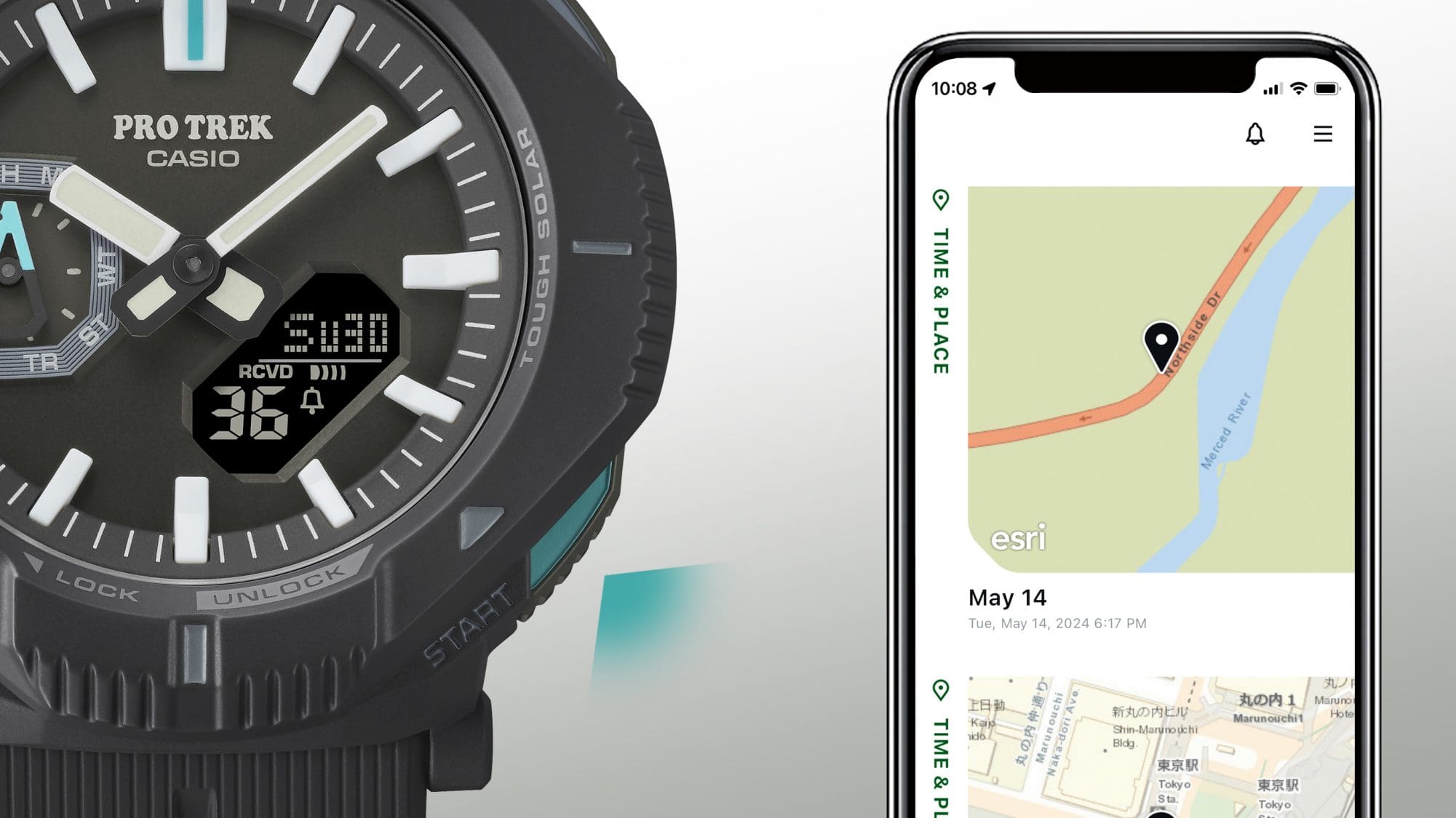 L'écran de la montre multifonction Casio Pro Trek PRJ-B001-1 noire à côté d'un smartphone avec l'affichage Time & Place de l'application