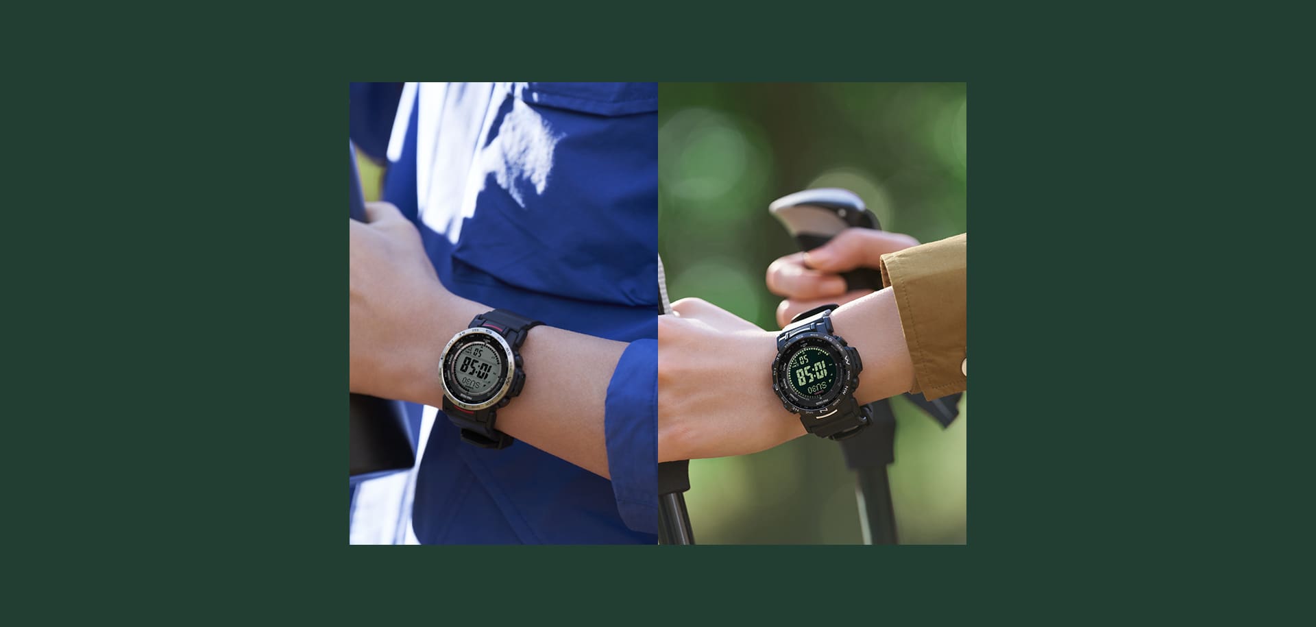 À gauche : une personne vêtue d'une veste de survêtement bleue porte la montre de sport Casio Pro Treck PRW-35-1A au poignet ; à droite : la PRW-35Y-1B verte au poignet d'un marcheur.