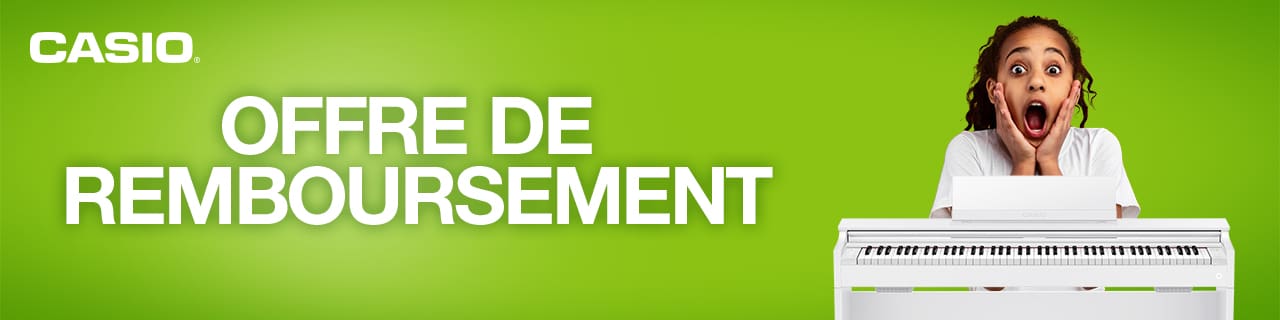 Bannière publicitaire Casio montrant une personne surprise, le texte « Offre de remboursement » et un piano numérique blanc AP-S200 sur le côté droit de l’image. L’image renvoie vers la page de l’offre promotionnelle.