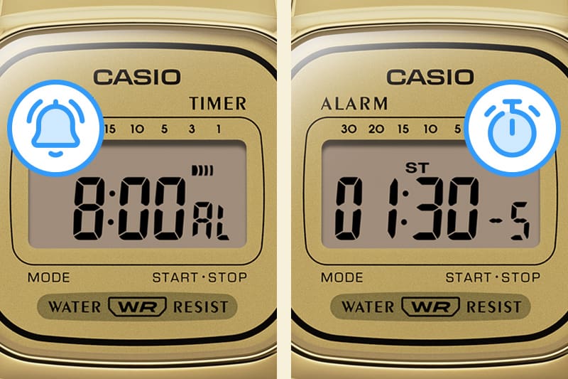 Gambar layar alarm dan stopwatch.