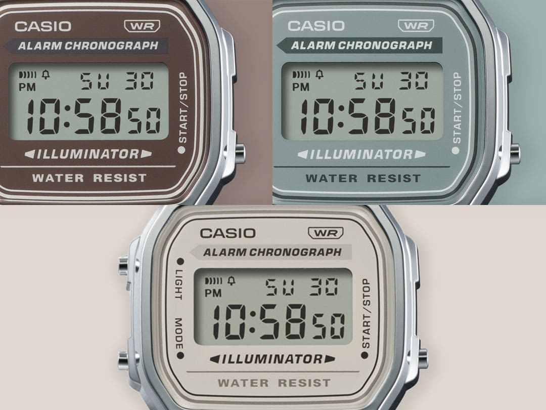 I tre modelli a colori A168WA: A168WA-5AY con display marrone, A168WA-3AY con display blu-verde e A168WA-8AY con display color crema