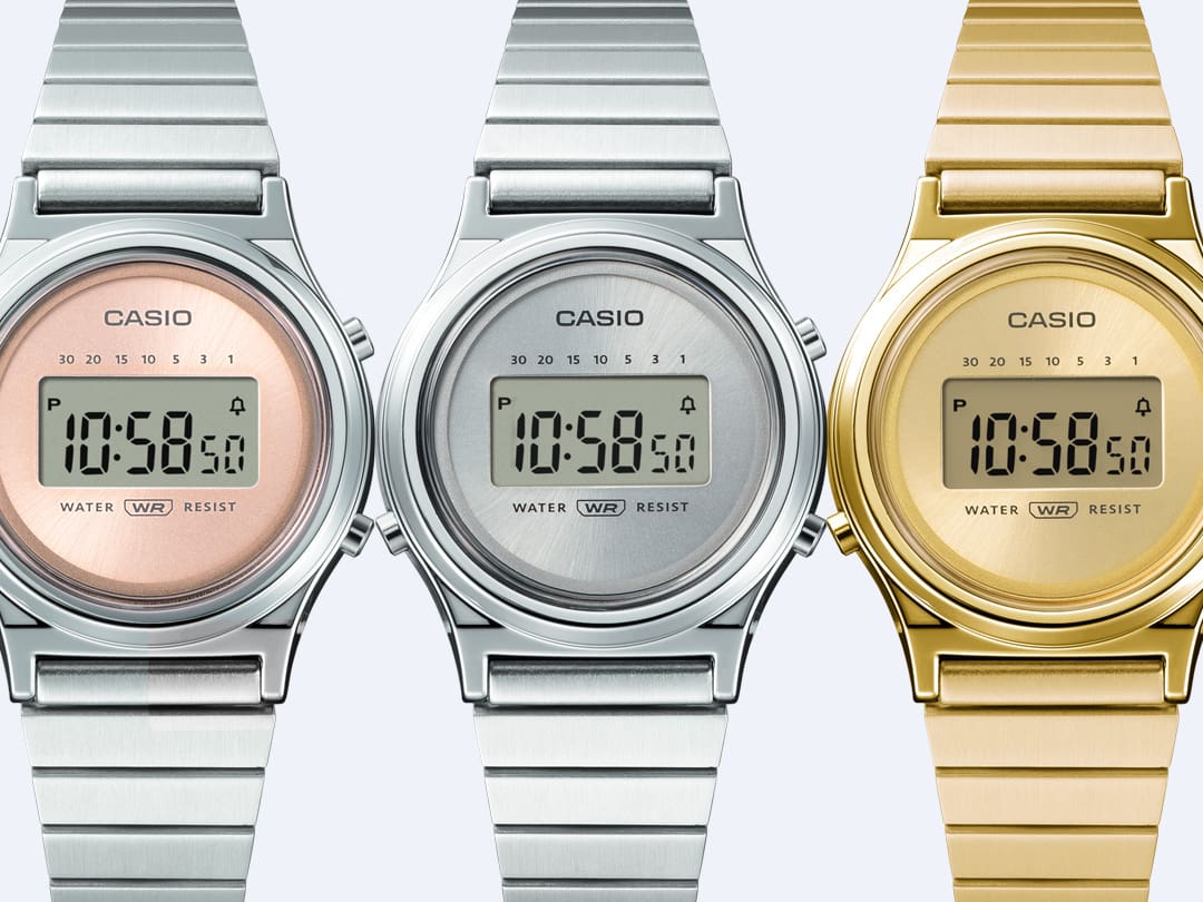 I tre modelli metallici LA700WE: il LA700WE-4A con display rosa, il LA700WE-7A interamente argento e il LA700WEG-9A dorato