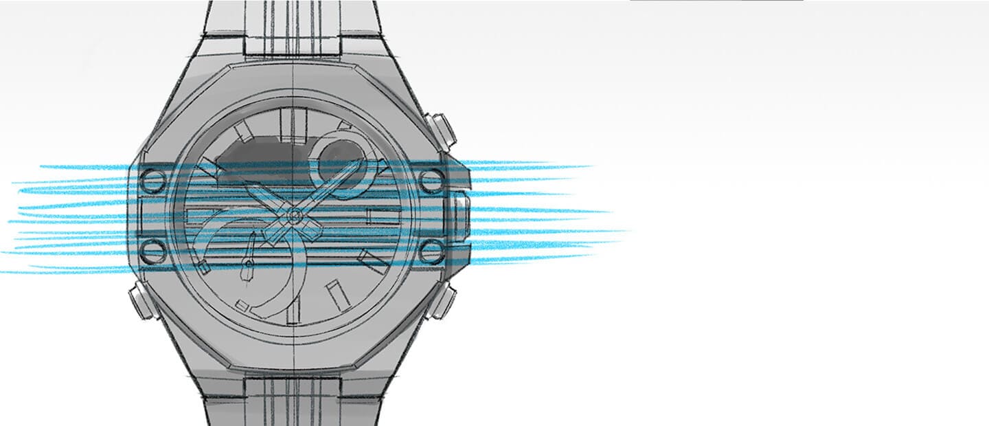 Disegno concettuale di un orologio da polso con linee blu sul quadrante