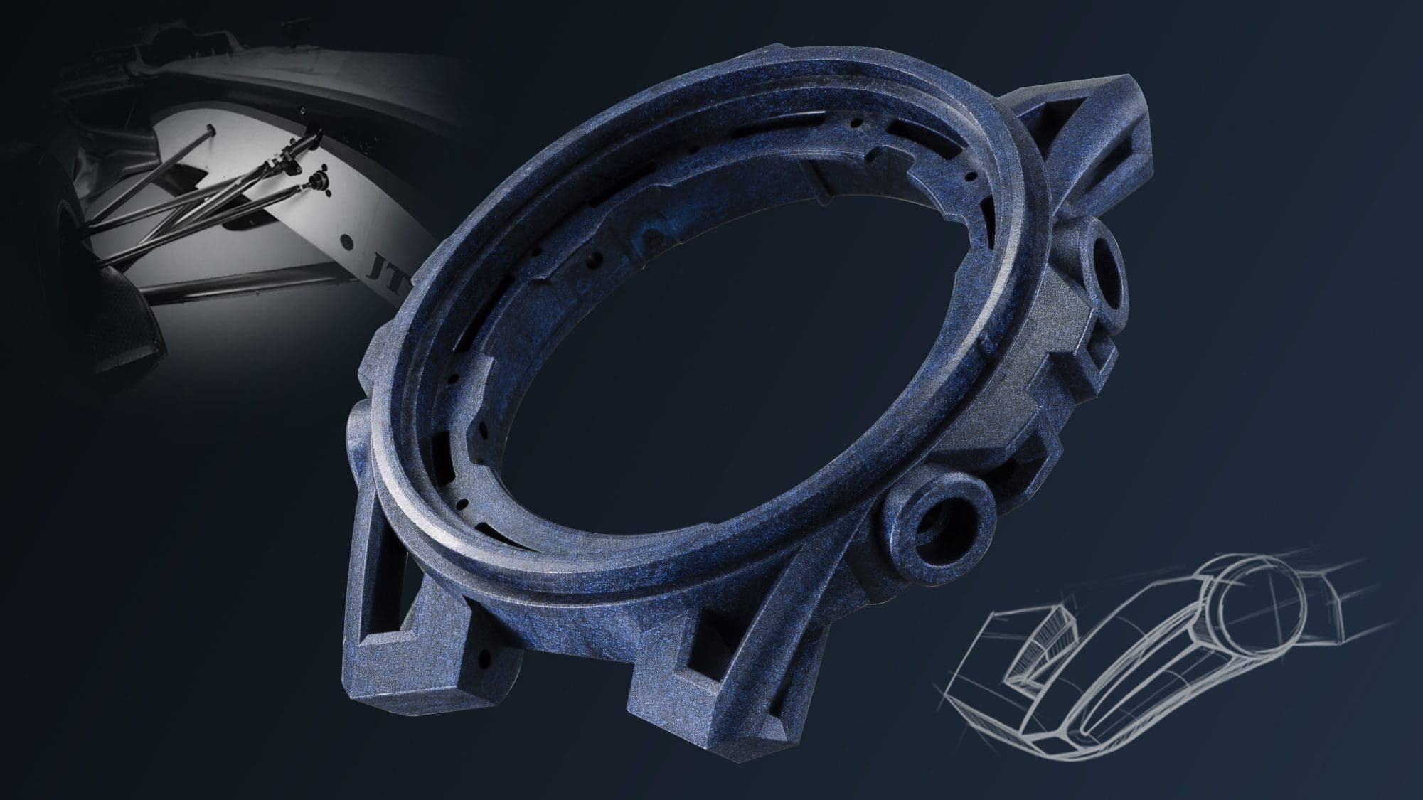 Primo piano della cassa di un orologio da polso Casio Edifice ECB-2200CB, con le sospensioni di un'auto da corsa sullo sfondo