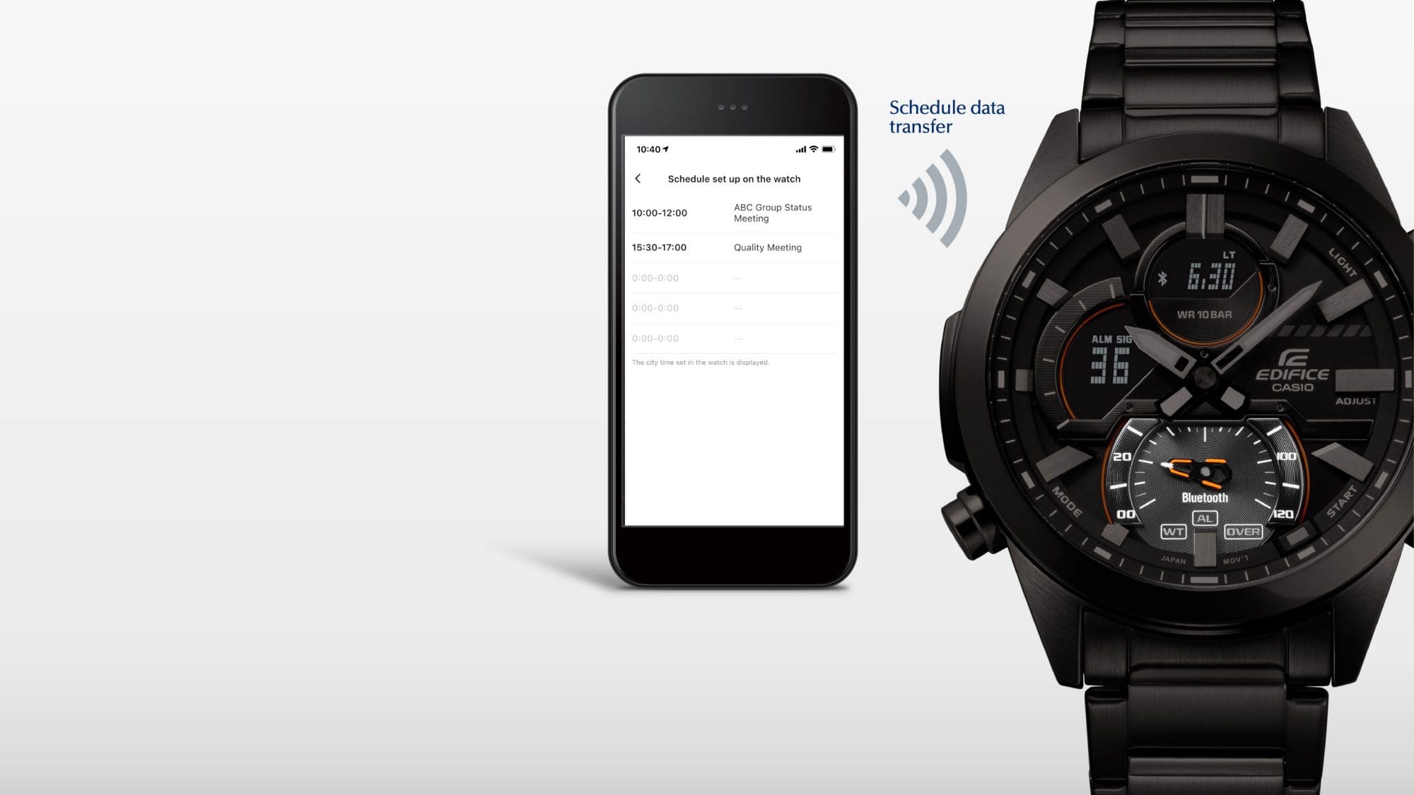 A sinistra: Uno smartphone che visualizza un timer, a destra un orologio da polso nero di Casio Edifice