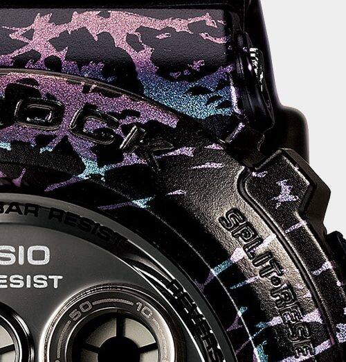Primo piano della cassa marmorizzata nero-metallica del Casio G-Shock GD-X6900PM-1