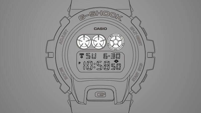 Lo schizzo di un modello della serie 6900 in grigio, le tre indicazioni grafiche circolari del quadrante sono evidenziate in bianco