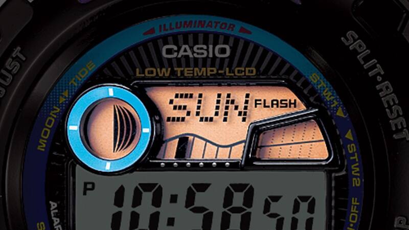 Primo piano del display delle fasi lunari dell'orologio digitale Casio G-Shock GLX-6900-1