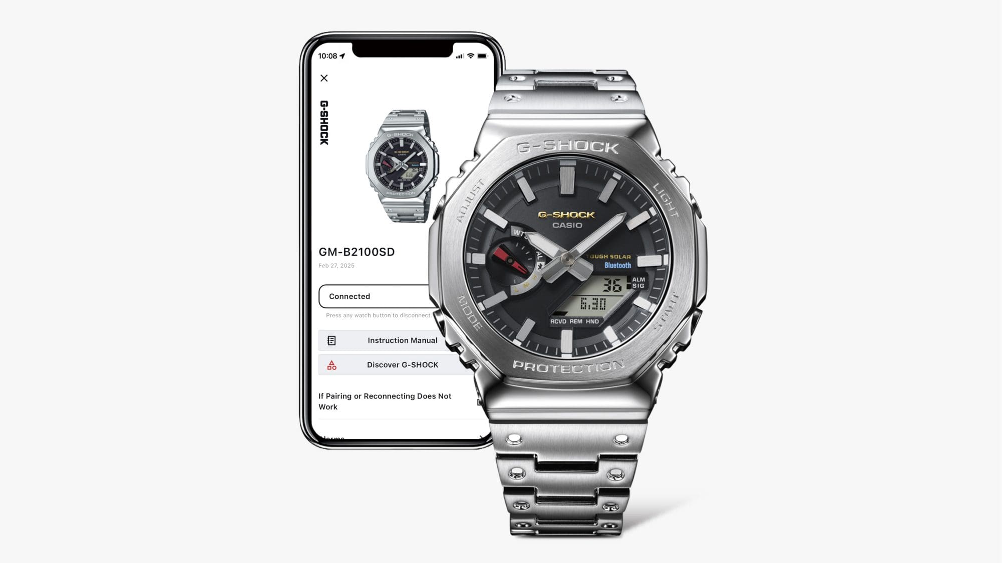 Orologio in metallo con quadrante rotondo davanti a uno smartphone che mostra lo stesso orologio sul display
