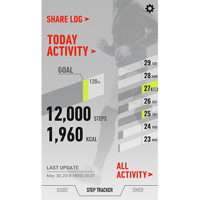 Visualizzazione dell'attività odierna nell'app G-SHOCK Connected con conteggio dei passi e calorie bruciate