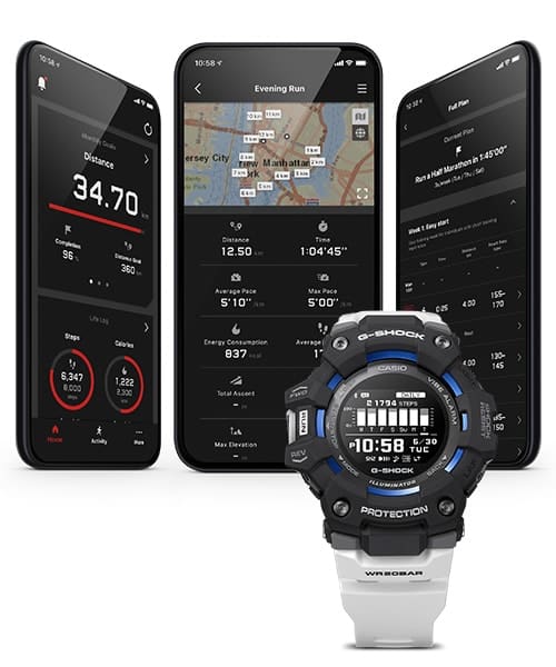 Davanti: l'orologio da corsa Casio G-Squad GBD-100-1A7, dietro: Tre display di smartphone con diverse visualizzazioni dell'app G-Shock Move