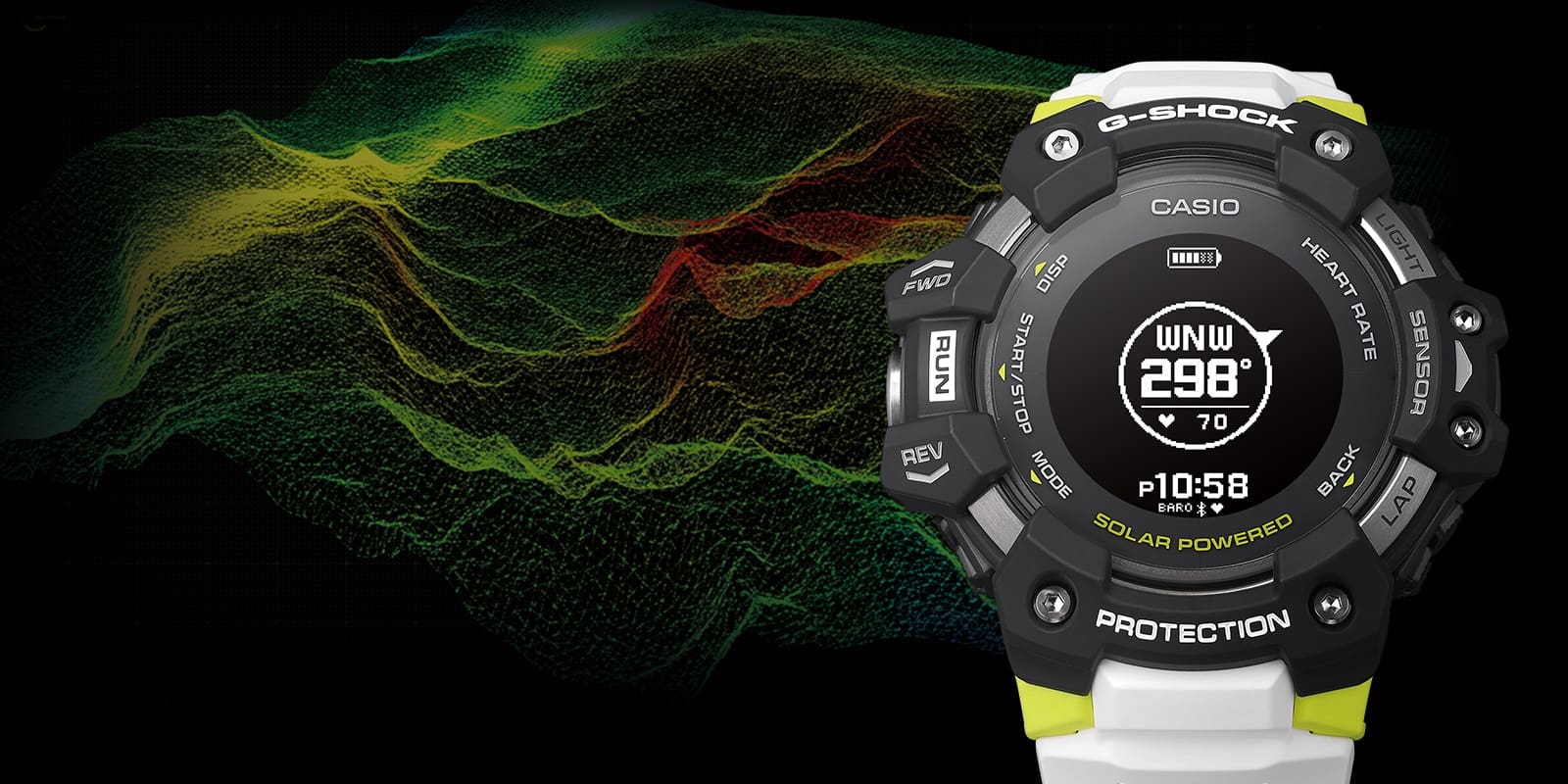 L'orologio sportivo Casio G-Squad GBD-H1000-1A7 con cinturino in plastica bianca e cassa nera con accenti gialli