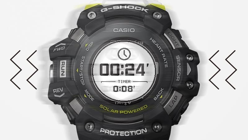 Il display di un orologio Casio G-Squad GBD-H1000 Bluetooth® mostra la funzione timer, le linee a zig-zag enfatizzano l'effetto vibrazione