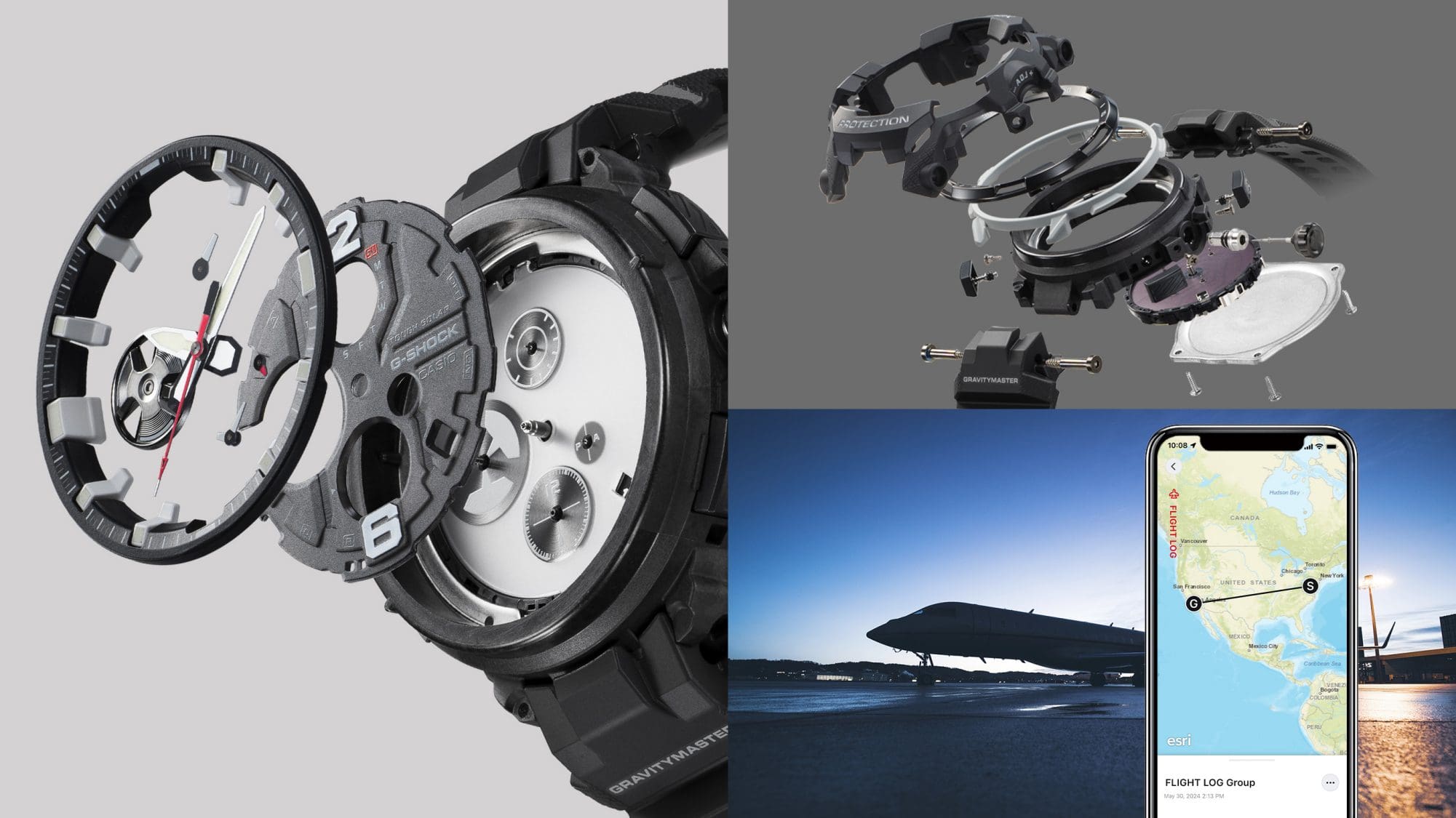 A sinistra: i singoli strati del quadrante dell'orologio Bluetooth® GR-B300EC-1A, in alto a destra: i componenti dell'orologio da polso separati l'uno dall'altro, in basso a destra: uno smartphone con display Flight Log, sullo sfondo una pista di atterraggio con un aereo