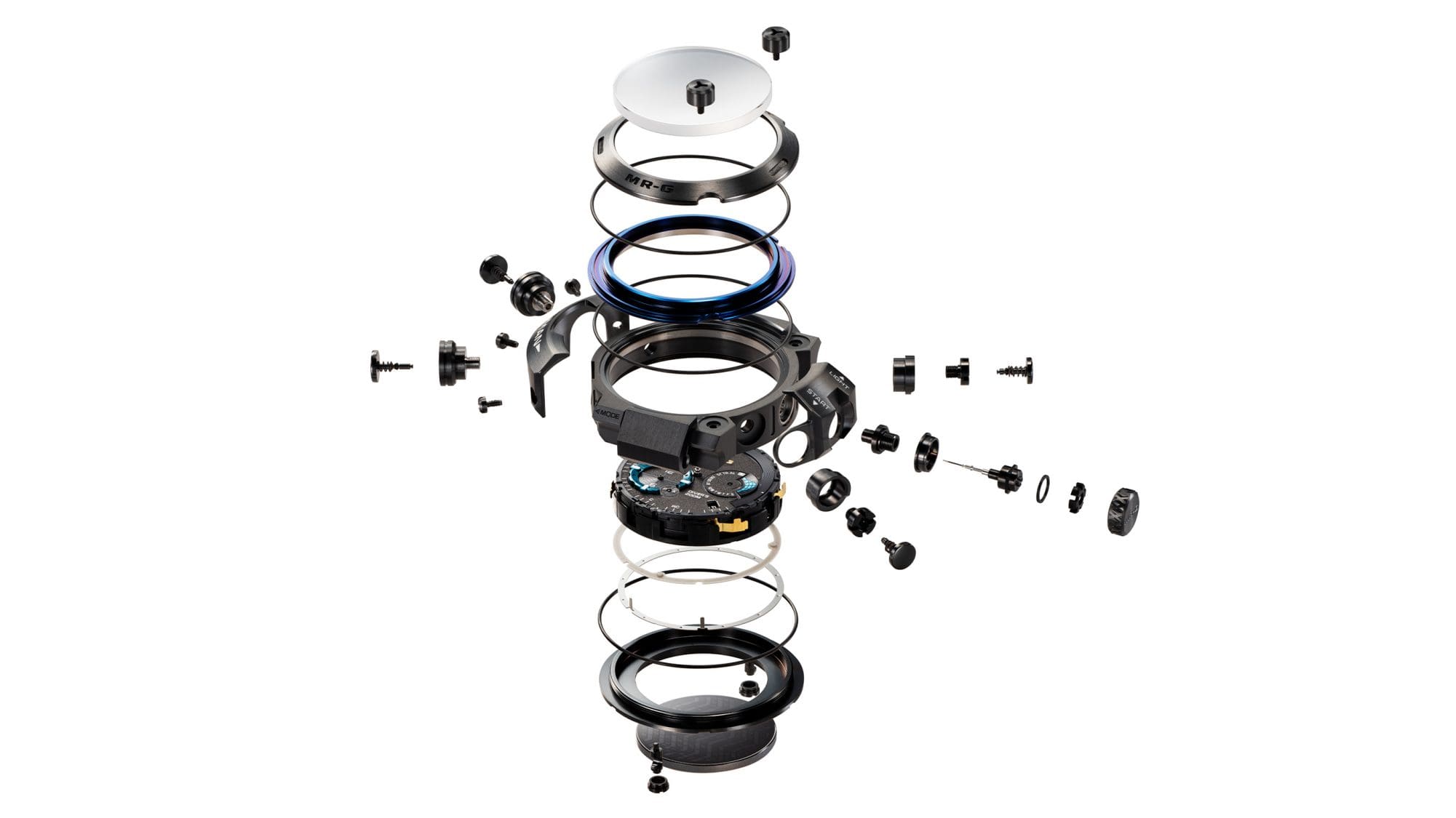 I singoli componenti della cassa in titanio di un orologio da polso Casio G-Shock MRG-BF1000B con struttura multicomponente