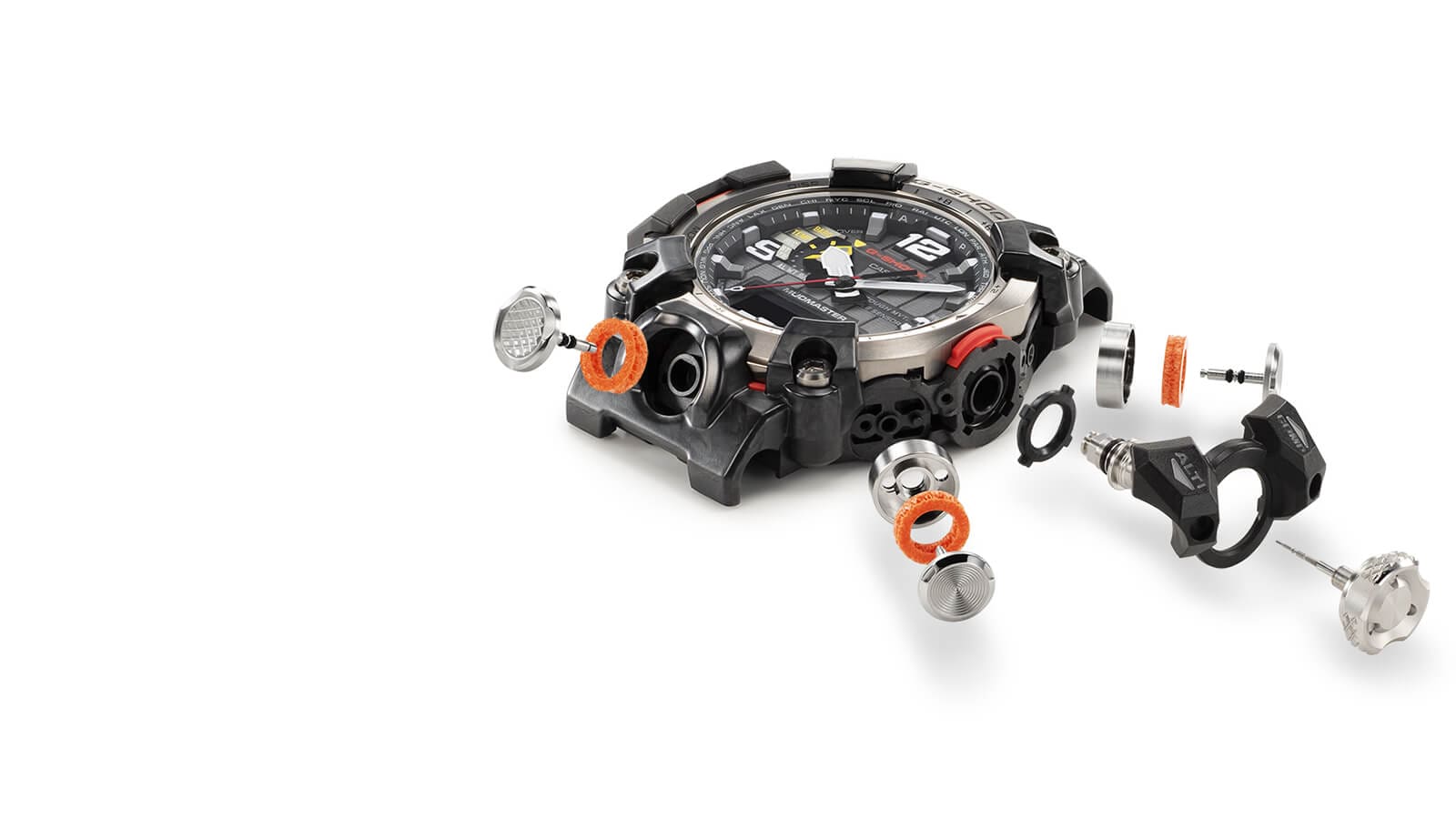 La cassa di un orologio da polso Master of G Mudmaster GWG-2000-1A3, circondata da pulsanti, tubi dei pulsanti e tamponi in silicone