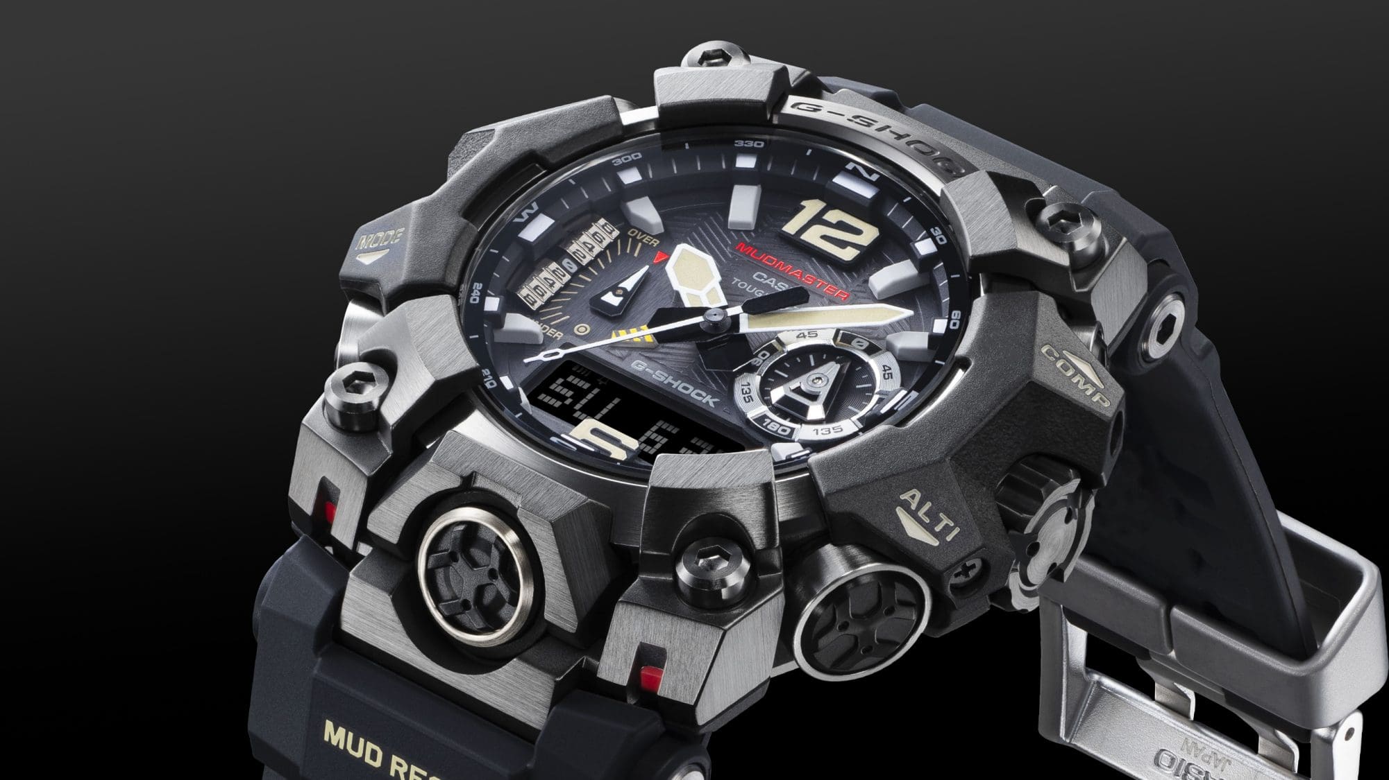 Vista laterale del quadrante e della cassa di un orologio outdoor G-Shock Mudmaster GWG-B1000 nero