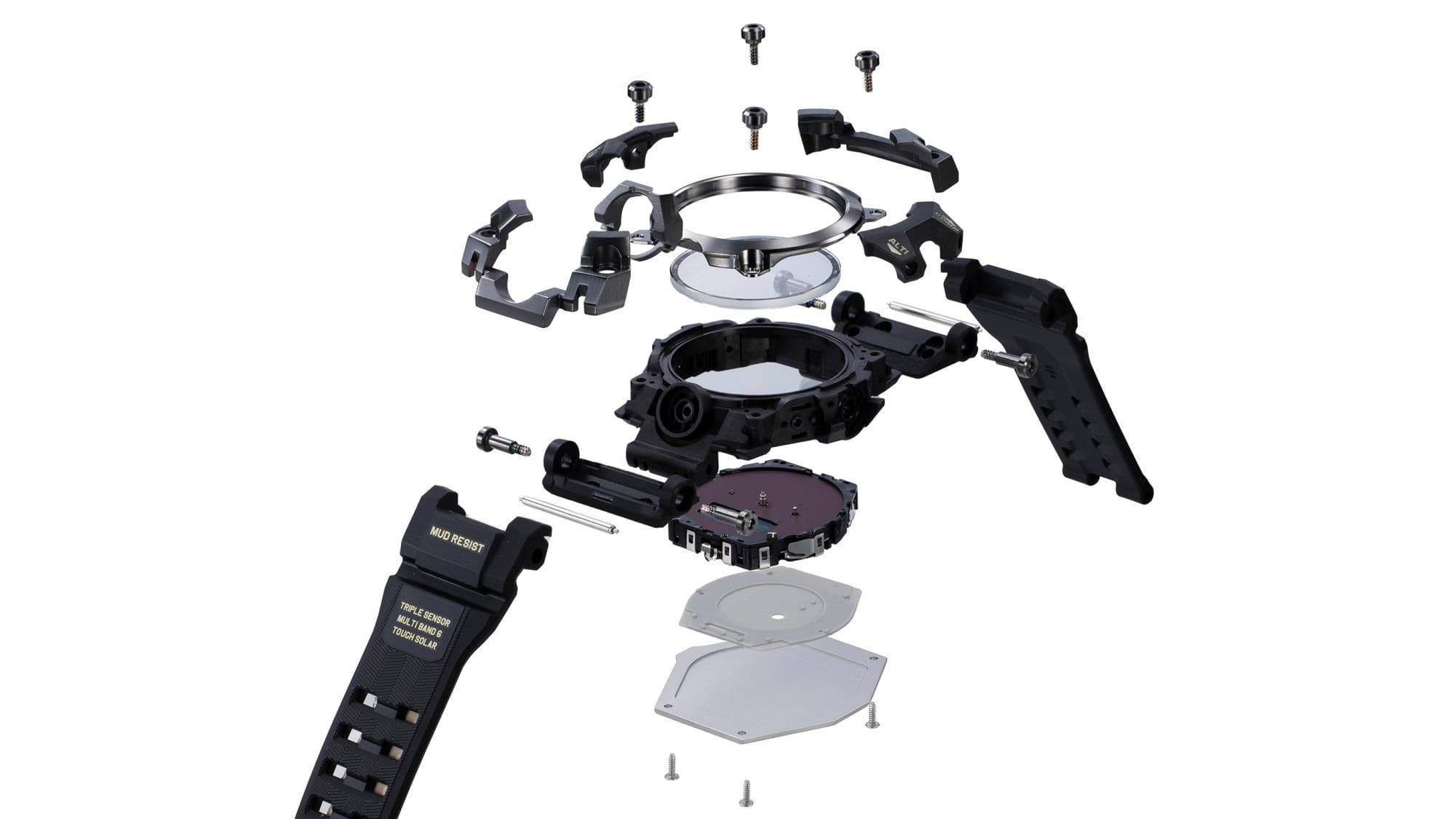 Le singole parti che compongono gli orologi da polso Mudmaster GWG-B1000