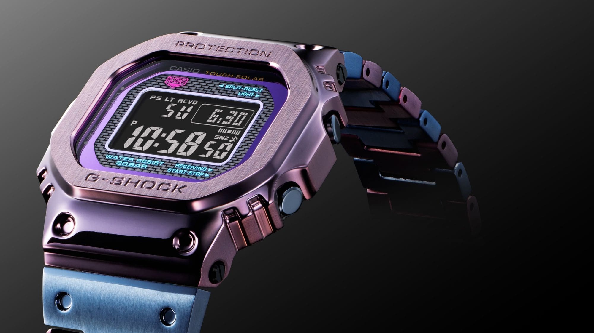 Vista laterale dell'orologio impermeabile, il luccichio del metallo è chiaramente visibile