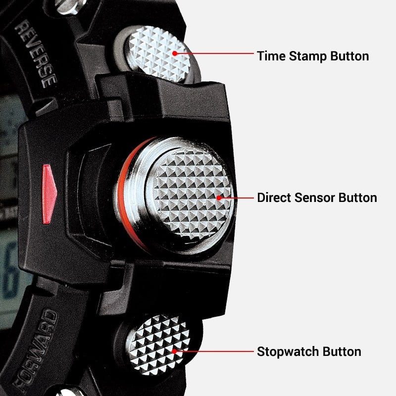 Vista dettagliata dei pulsanti operativi di colore argento sul lato dell'orologio digitale GW-9400-1 con le etichette delle funzioni: 1. pulsante di indicazione dell'ora, 2. pulsante del sensore diretto, 3. pulsante del cronometro