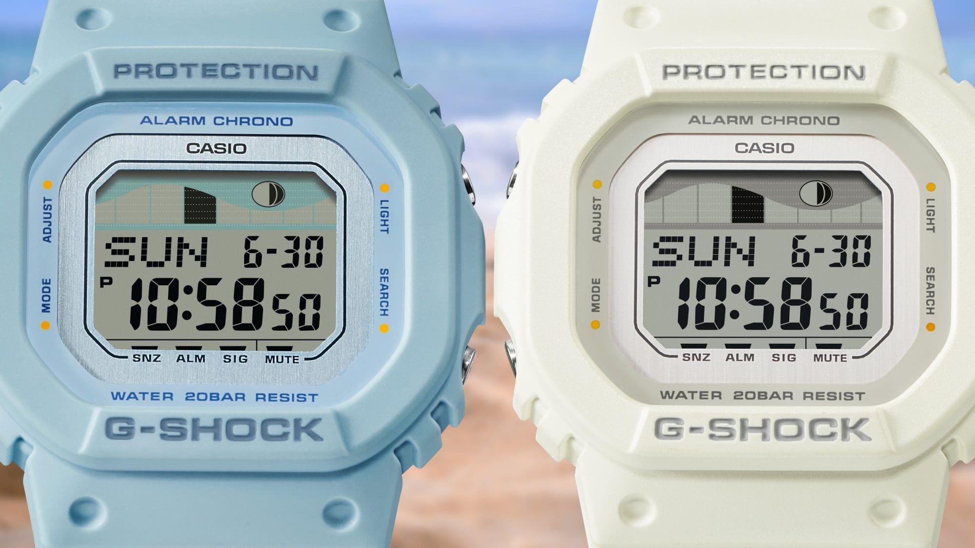 L'orologio da polso blu chiaro GLX-S5600-2 accanto all'orologio da spiaggia bianco GLX-S5600-7B