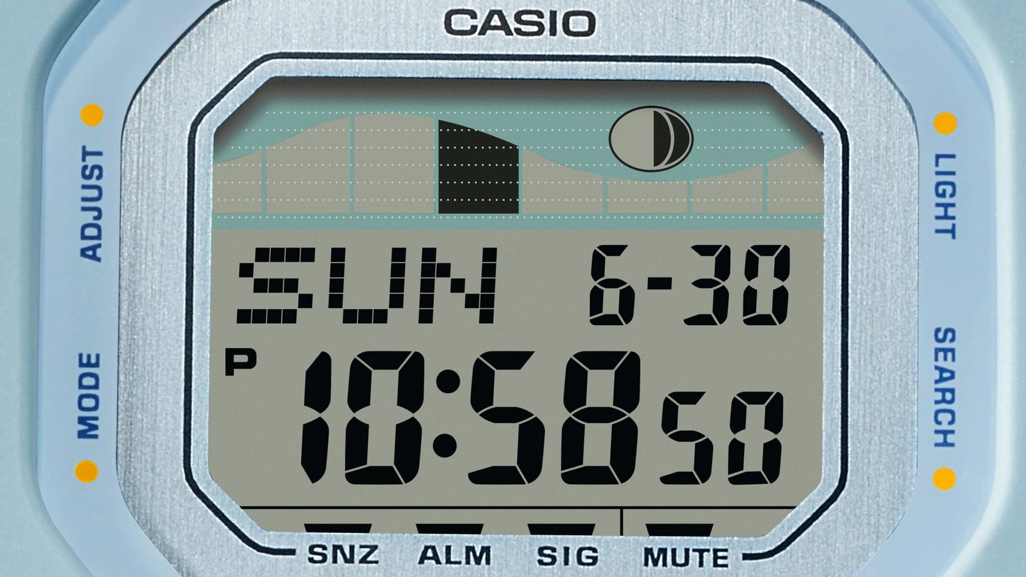 Primo piano del display dell'orologio sportivo GLX-S5600-2