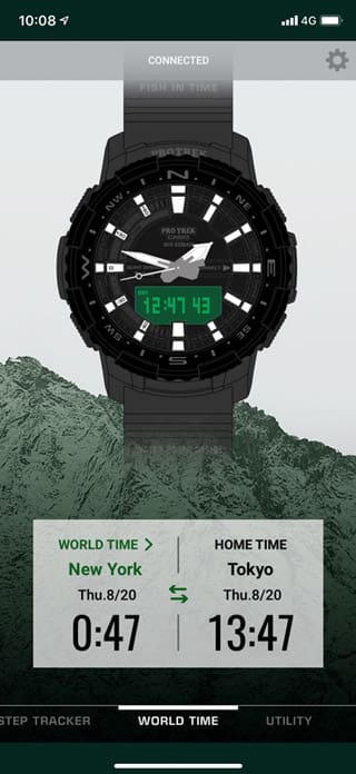 Schermata dell'app Pro Trek Connected con l'indicatore dell'ora mondiale New York 0:47 e l'indicatore dell'ora locale Tokyo 13:47
