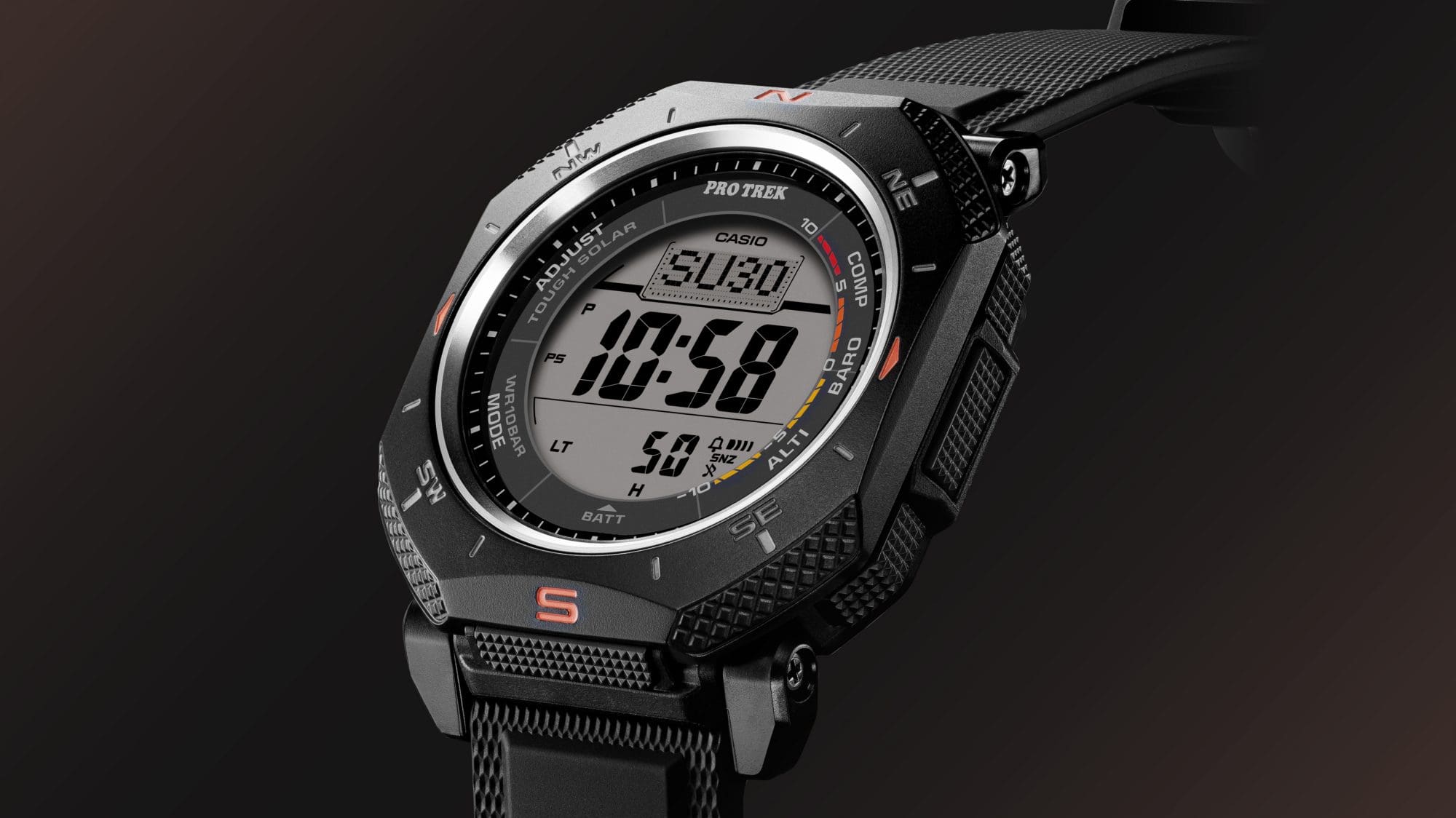 Foto dell'orologio in primo piano con un design quadrato e compatto