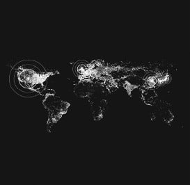 Mappa in bianco e nero della Terra con cerchi attorno alle sei stazioni radio in Nord America, Europa, Cina e Giappone