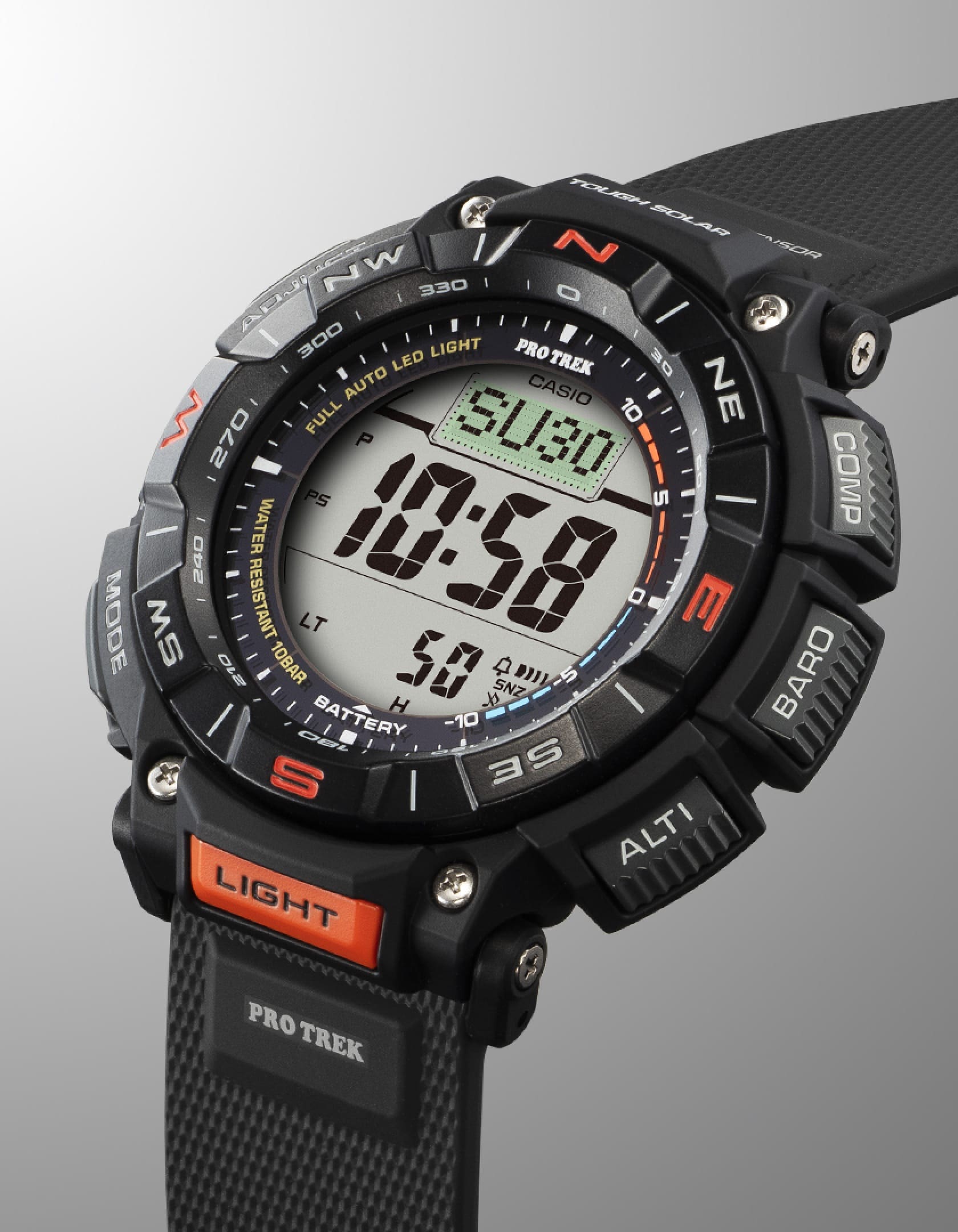 Vista della cassa e del display dell'orologio da arrampicata Pro Treck PRG-340-1 nero 