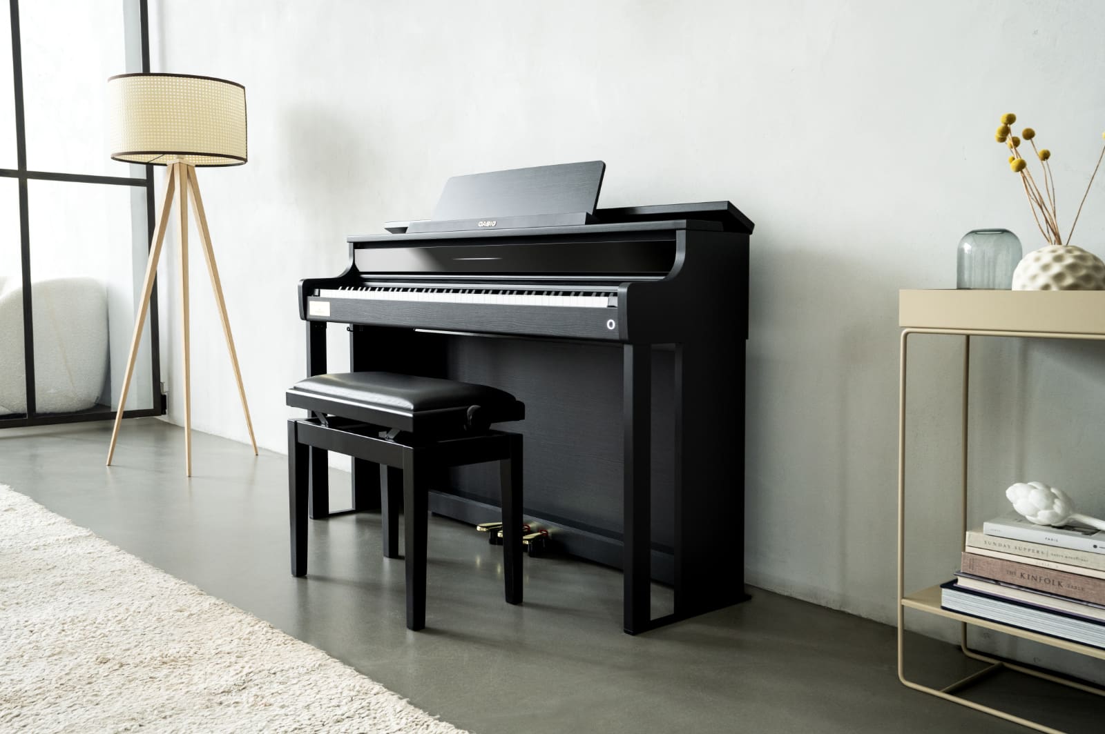 Il pianoforte digitale CASIO AP-750, di colore nero, con la relativa panca per pianoforte, sulla parete di un soggiorno luminoso e arredato con stile
