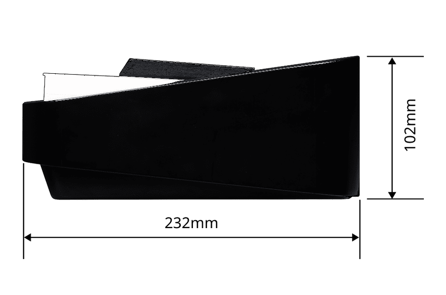 Un'immagine per mostrare le dimensioni del pianoforte digitale: 232 mm di larghezza e 102 mm di altezza.