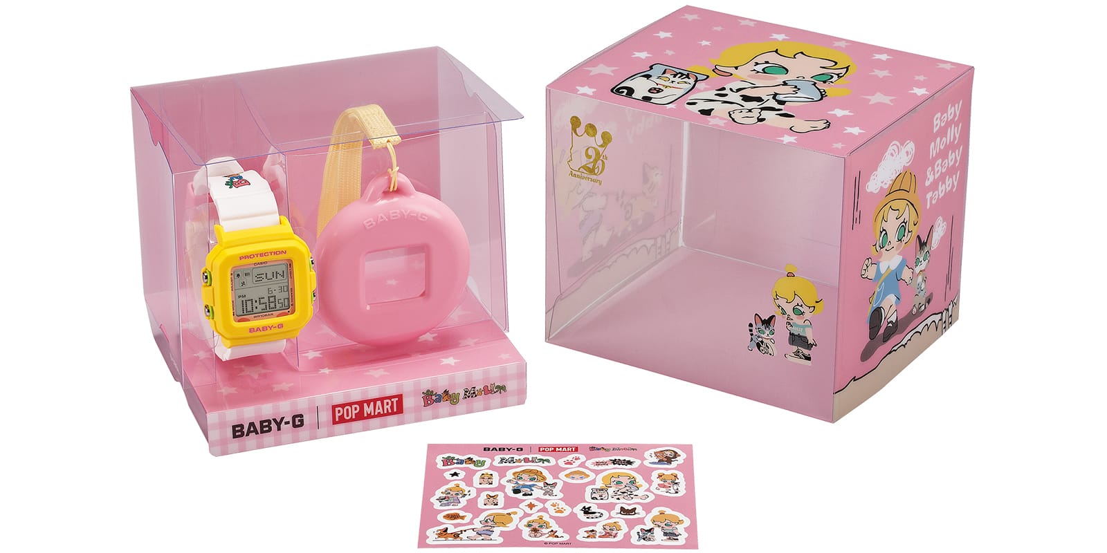 CASIO BABY-G×POP MART (BGD-10KPM-7) のオリジナルイラスト入りスペシャルパッケージと付属ステッカー。
