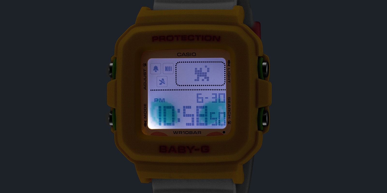 CASIO BABY-G×POP MART (BGD-10KPM-7) のLEDバックライト点灯時。画面にBaby Mollyの青い瞳が浮かび上がります。