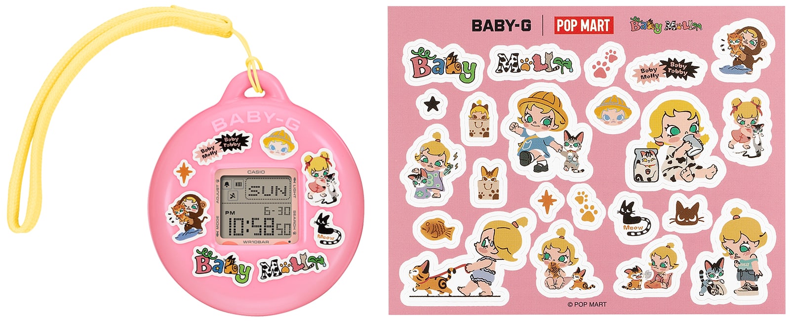 CASIO BABY-G×POP MART (BGD-10KPM-7) 付属のオリジナルステッカーシートと、ステッカーでデコレーションされた専用ホルダー。