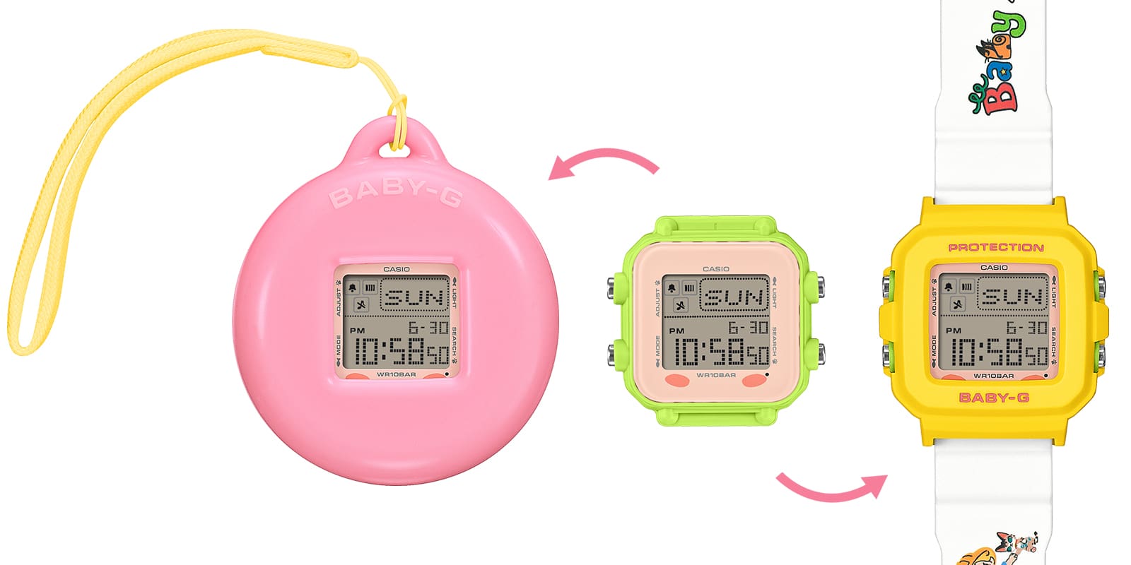 CASIO BABY-G×POP MART (BGD-10KPM-7) の着脱機能。バンドとベゼルを取り外して専用ホルダーへ付け替える手順の解説画像。